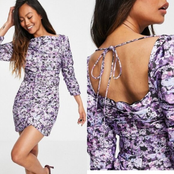 New! ASOS Design Pleated Sqaure Neck gathered Mini Dress 13779 - Picture 3 of 16